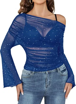 Avidlove Mesh Top for Women Long Sleeve Off The Shoulder Tops Sexy Clubwear Outfits Rhinestone Shirts S-XXL