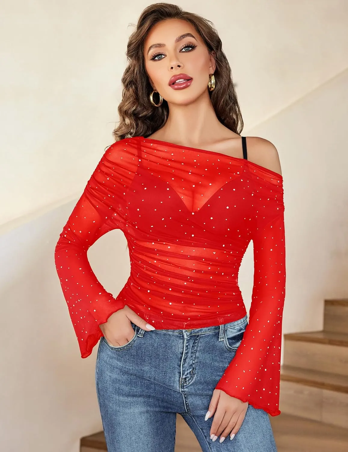 Avidlove Mesh Top for Women Long Sleeve Off The Shoulder Tops Sexy Clubwear Outfits Rhinestone Shirts S-XXL
