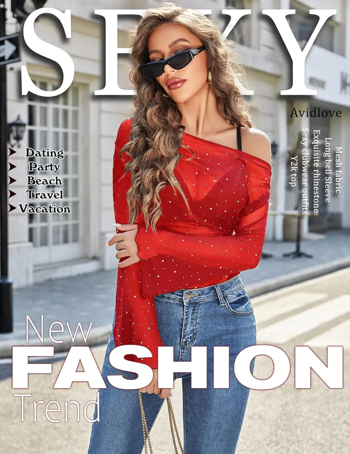 Avidlove Mesh Top for Women Long Sleeve Off The Shoulder Tops Sexy Clubwear Outfits Rhinestone Shirts S-XXL