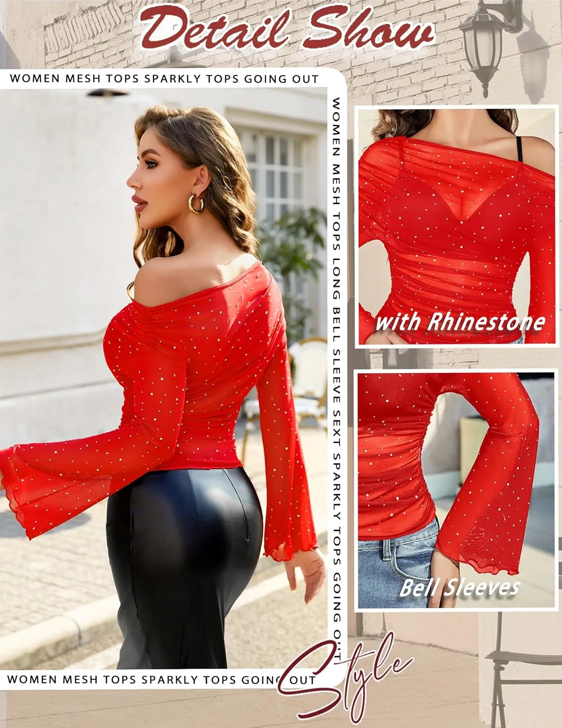 Avidlove Mesh Top for Women Long Sleeve Off The Shoulder Tops Sexy Clubwear Outfits Rhinestone Shirts S-XXL