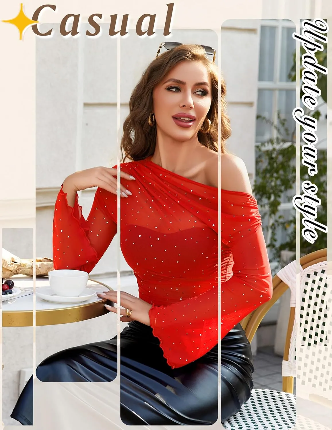 Avidlove Mesh Top for Women Long Sleeve Off The Shoulder Tops Sexy Clubwear Outfits Rhinestone Shirts S-XXL
