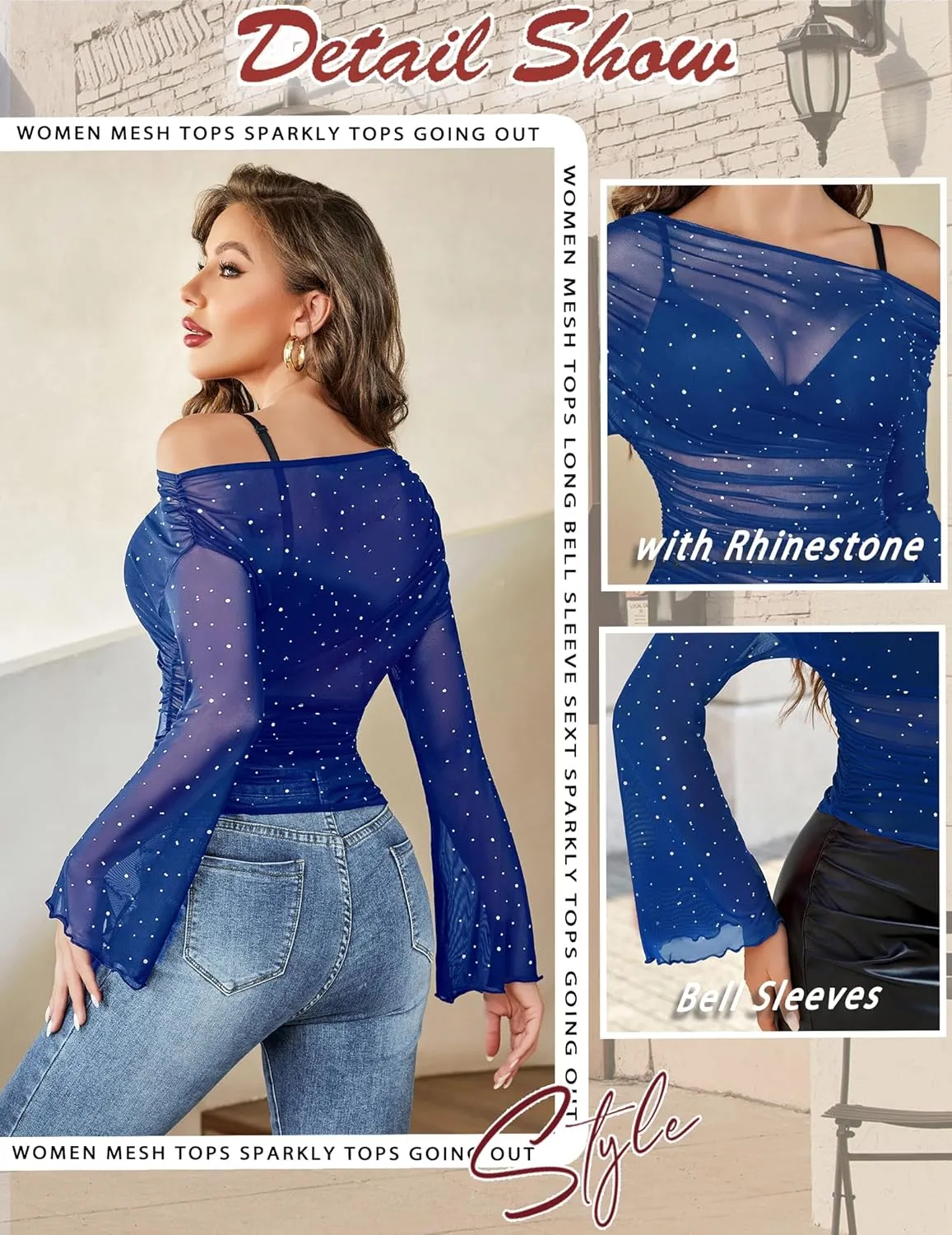 Avidlove Mesh Top for Women Long Sleeve Off The Shoulder Tops Sexy Clubwear Outfits Rhinestone Shirts S-XXL