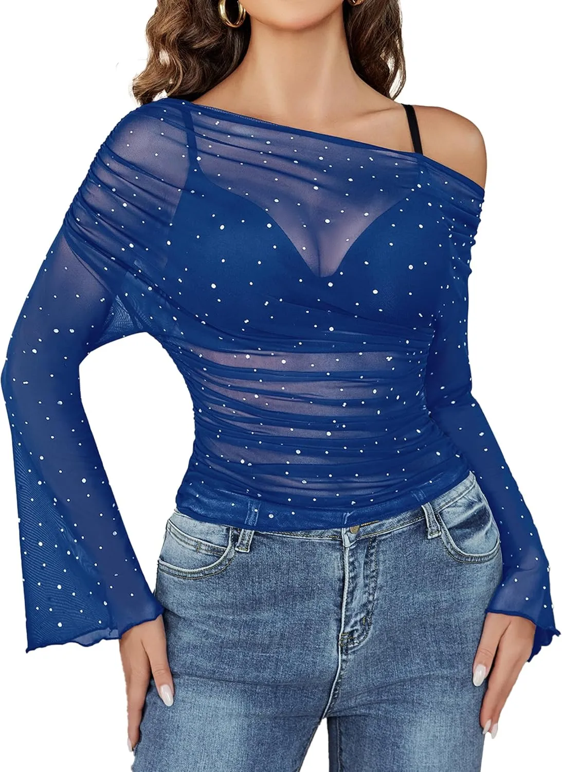 Avidlove Mesh Top for Women Long Sleeve Off The Shoulder Tops Sexy Clubwear Outfits Rhinestone Shirts S-XXL