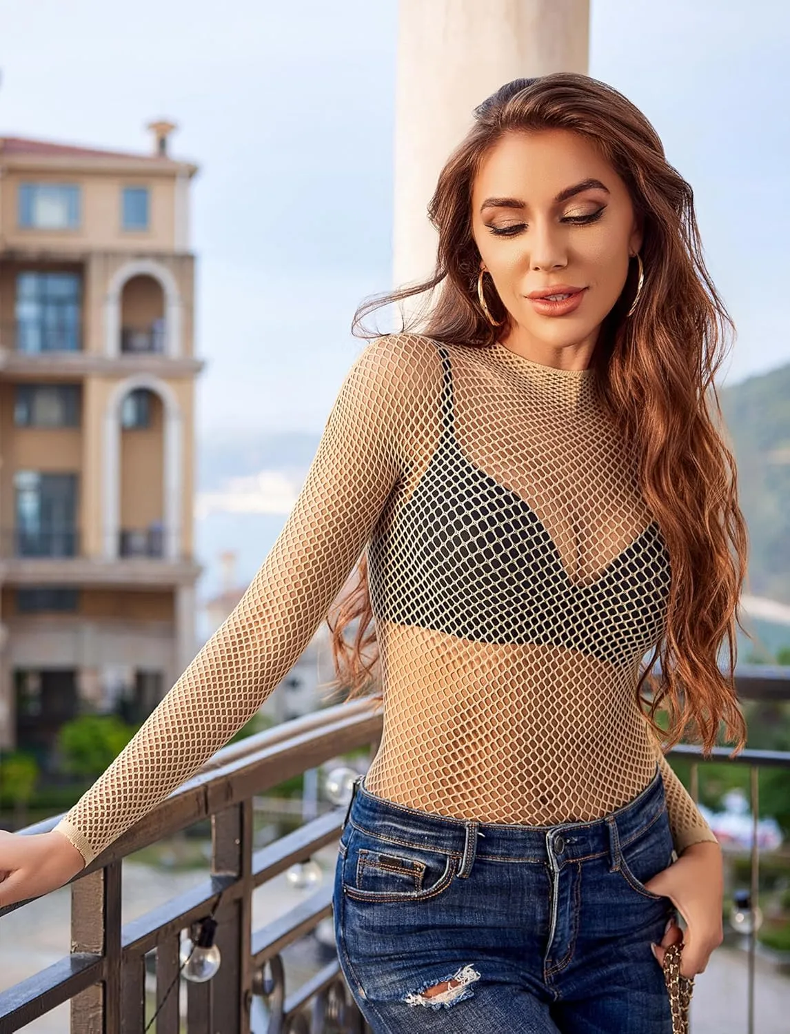 Avidlove Women's Sexy Fishnet Mesh Long Sleeve Tops Mock Neck Sheer Lace See-Through Blouse Bodycon Clubwear Party Tops