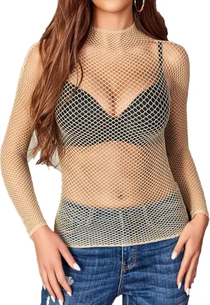 Avidlove Women's Sexy Fishnet Mesh Long Sleeve Tops Mock Neck Sheer Lace See-Through Blouse Bodycon Clubwear Party Tops