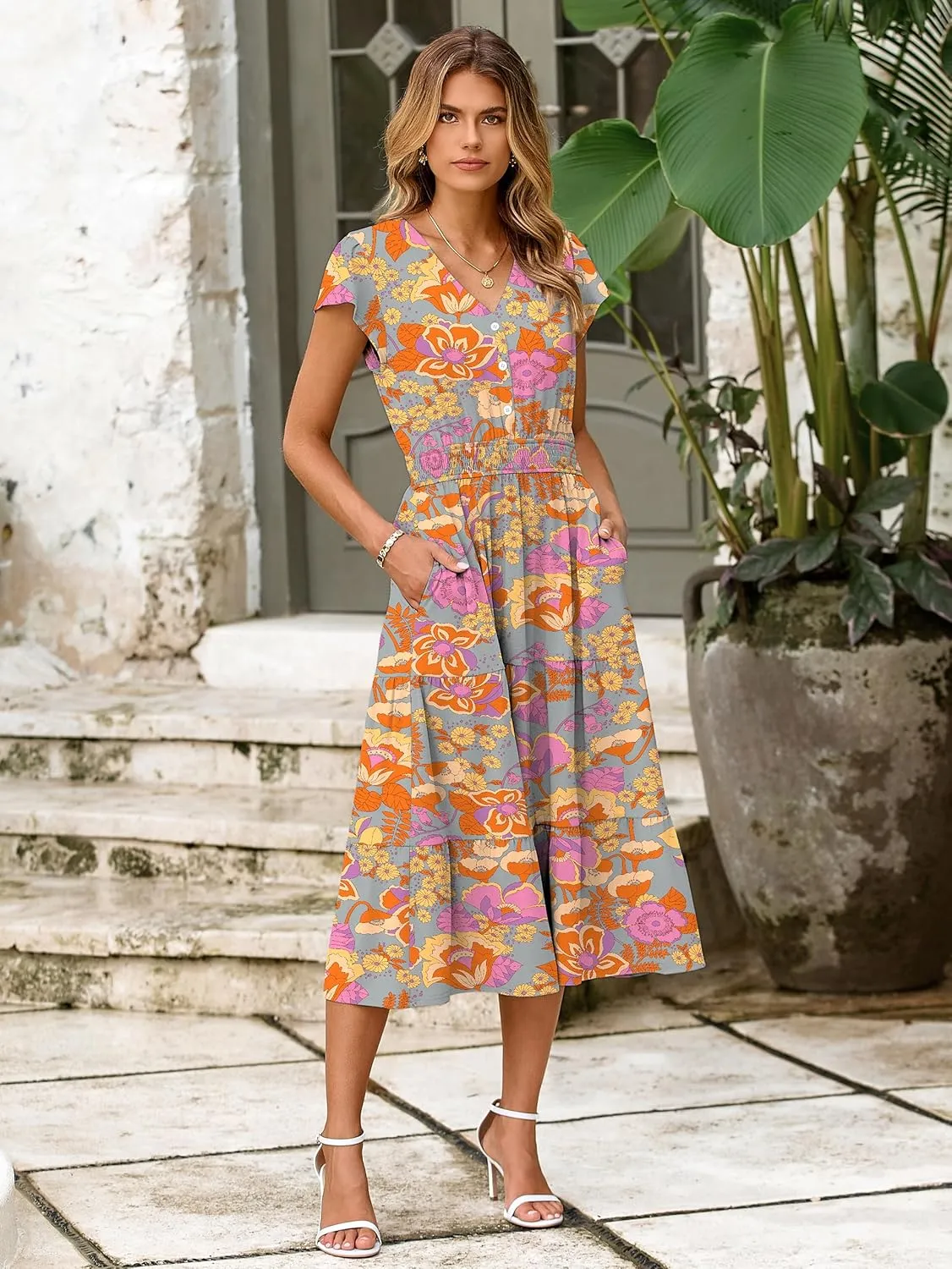 BerryGo Women's Floral Boho Ruffle Summer Midi Dress Short Sleeve V Neck Empire Waist Swing Flowy Dress