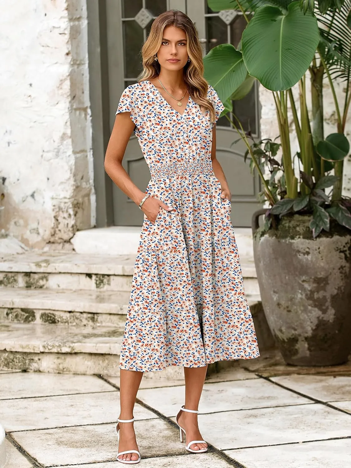 BerryGo Women's Floral Boho Ruffle Summer Midi Dress Short Sleeve V Neck Empire Waist Swing Flowy Dress