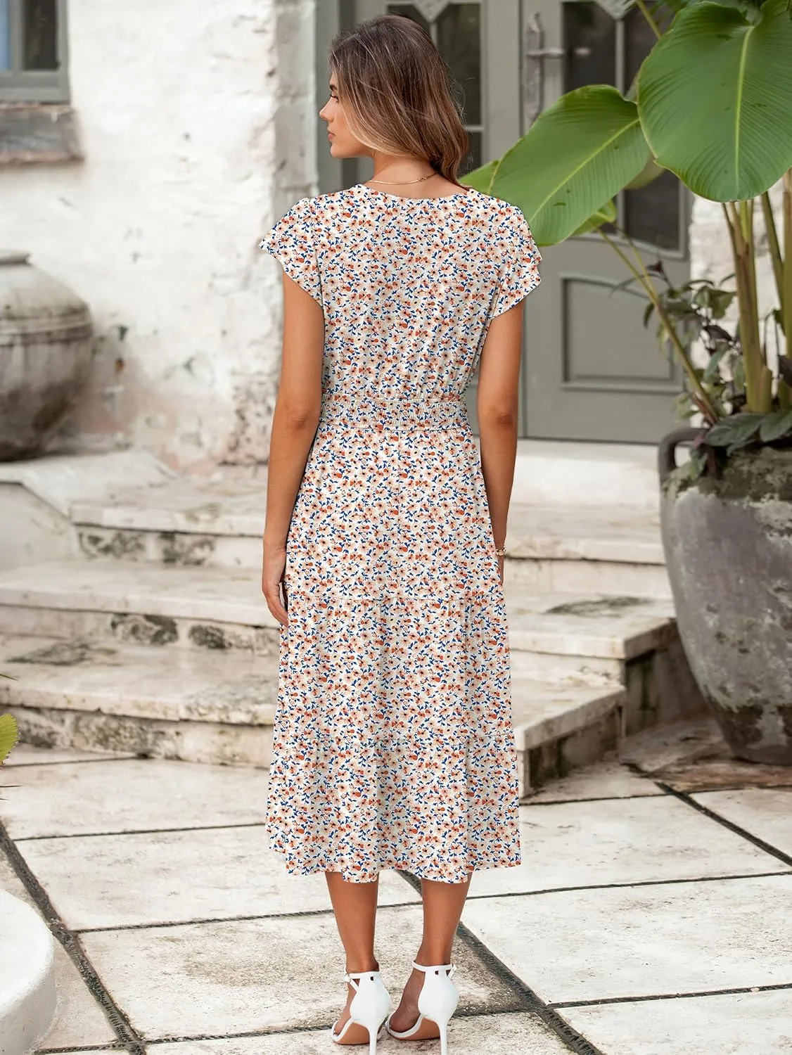 BerryGo Women's Floral Boho Ruffle Summer Midi Dress Short Sleeve V Neck Empire Waist Swing Flowy Dress