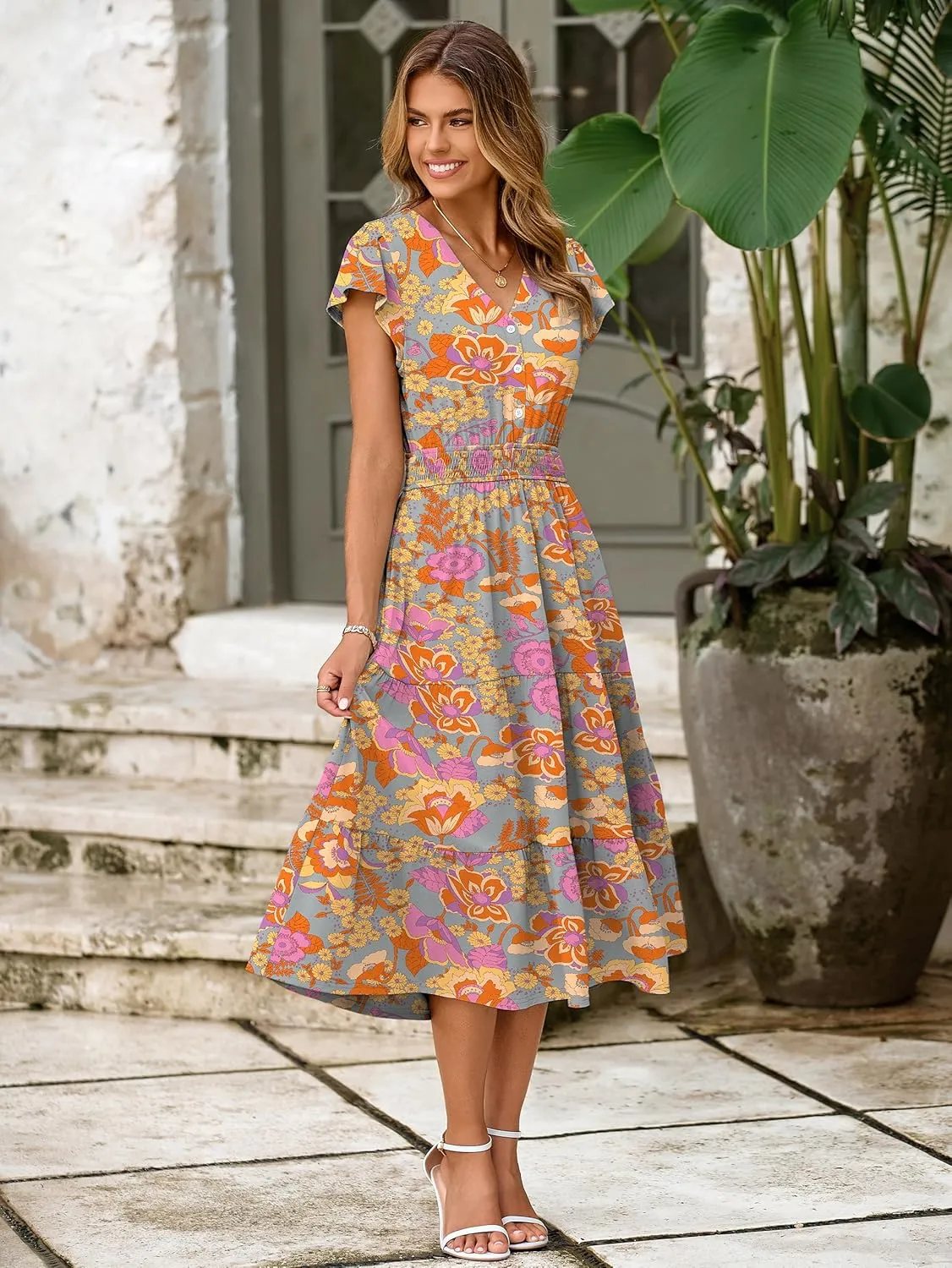 BerryGo Women's Floral Boho Ruffle Summer Midi Dress Short Sleeve V Neck Empire Waist Swing Flowy Dress