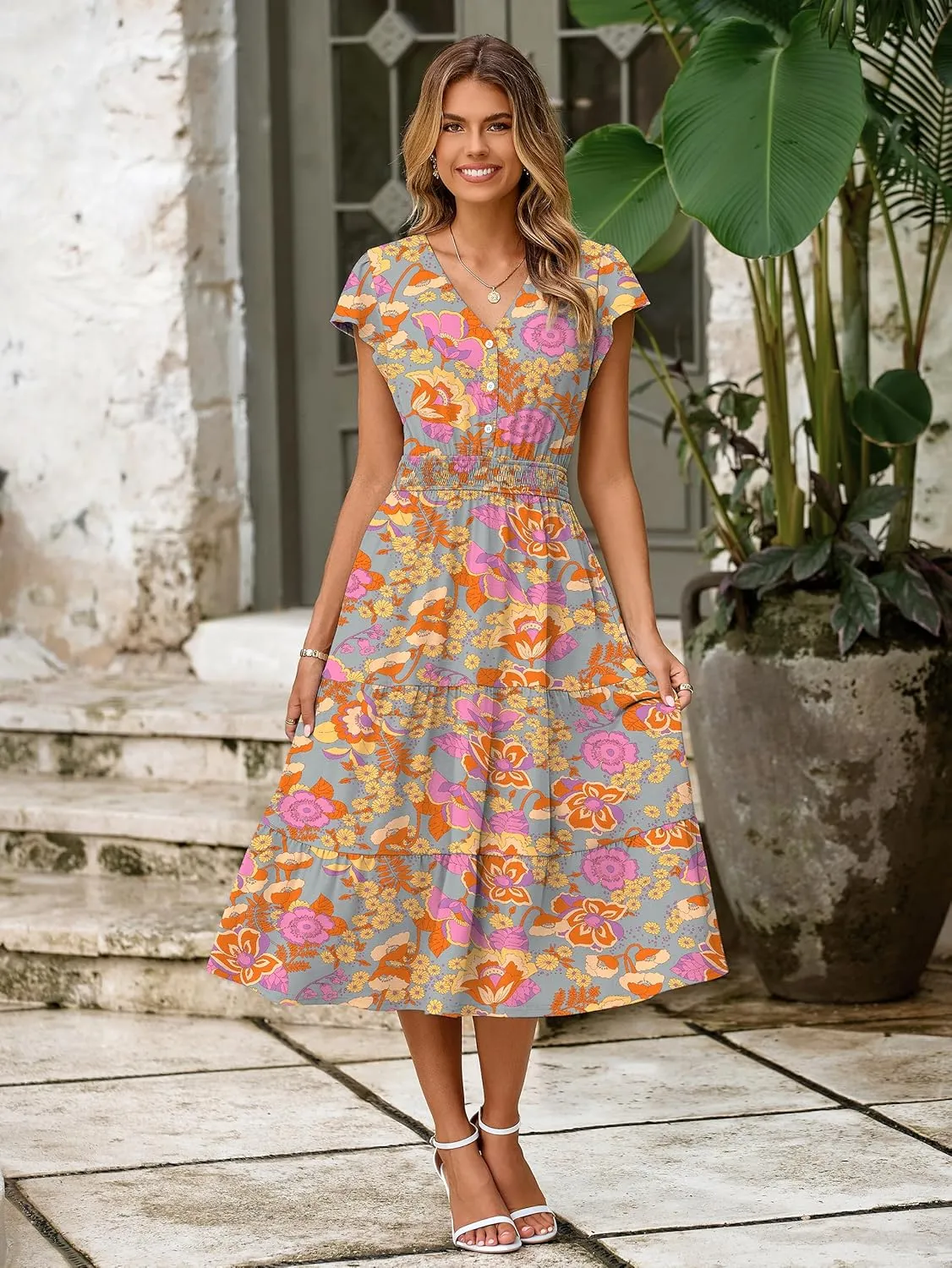 BerryGo Women's Floral Boho Ruffle Summer Midi Dress Short Sleeve V Neck Empire Waist Swing Flowy Dress