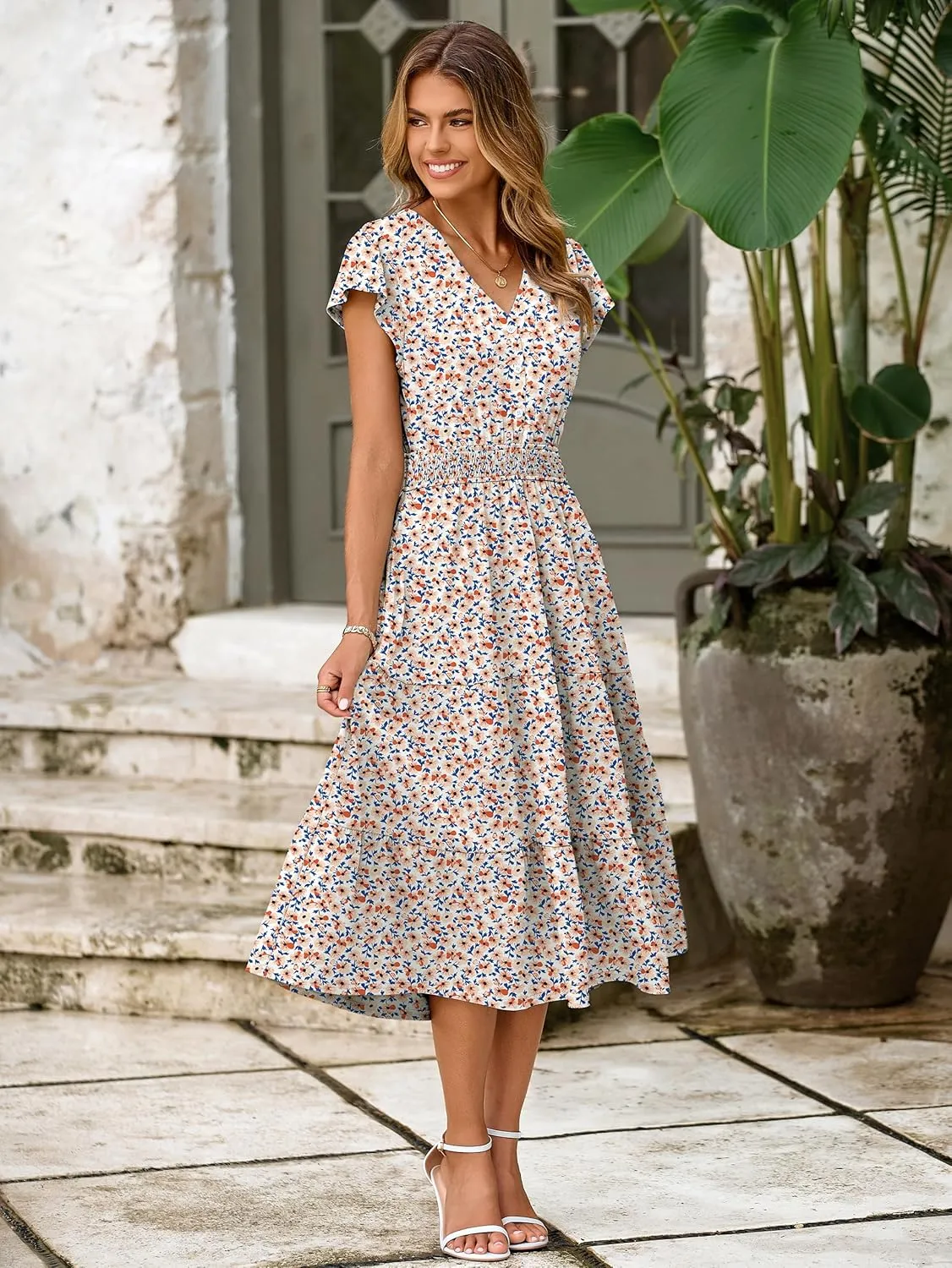 BerryGo Women's Floral Boho Ruffle Summer Midi Dress Short Sleeve V Neck Empire Waist Swing Flowy Dress