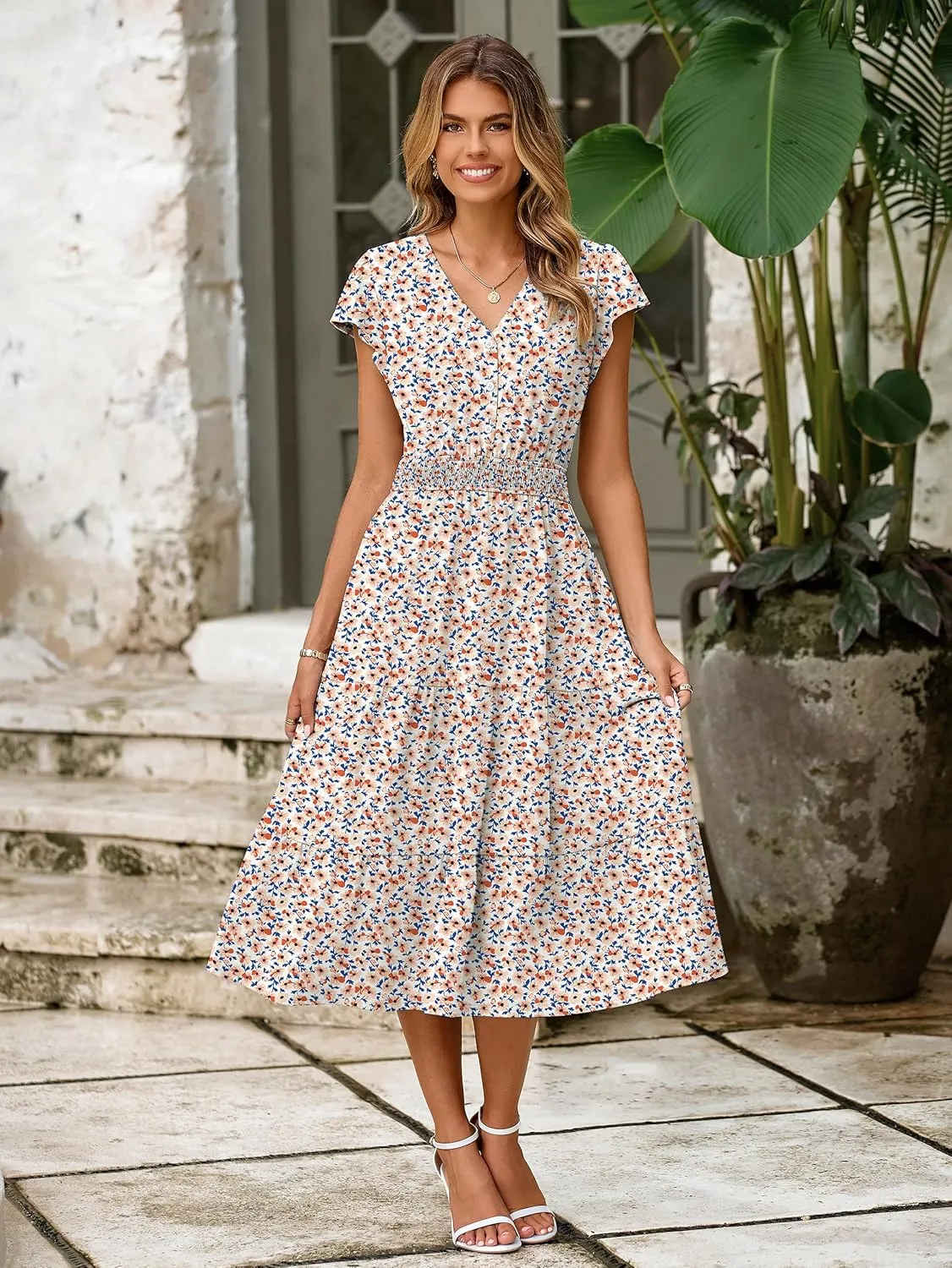 BerryGo Women's Floral Boho Ruffle Summer Midi Dress Short Sleeve V Neck Empire Waist Swing Flowy Dress