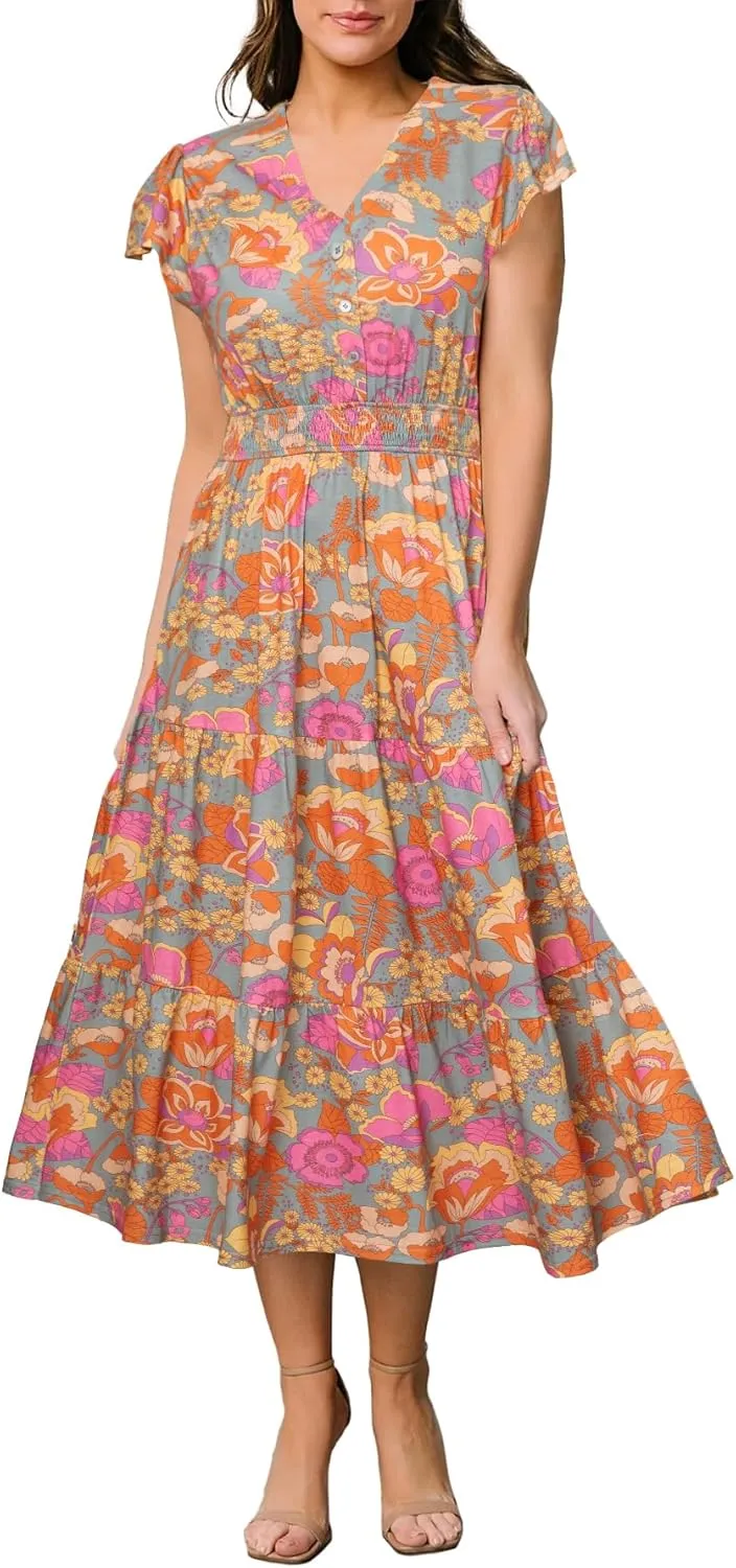 BerryGo Women's Floral Boho Ruffle Summer Midi Dress Short Sleeve V Neck Empire Waist Swing Flowy Dress
