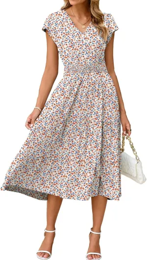 BerryGo Women's Floral Boho Ruffle Summer Midi Dress Short Sleeve V Neck Empire Waist Swing Flowy Dress