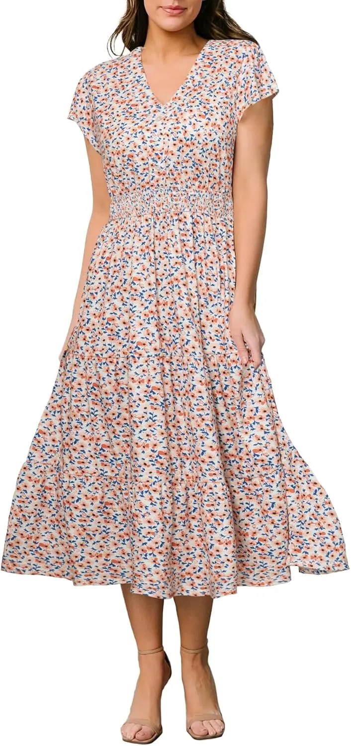 BerryGo Women's Floral Boho Ruffle Summer Midi Dress Short Sleeve V Neck Empire Waist Swing Flowy Dress