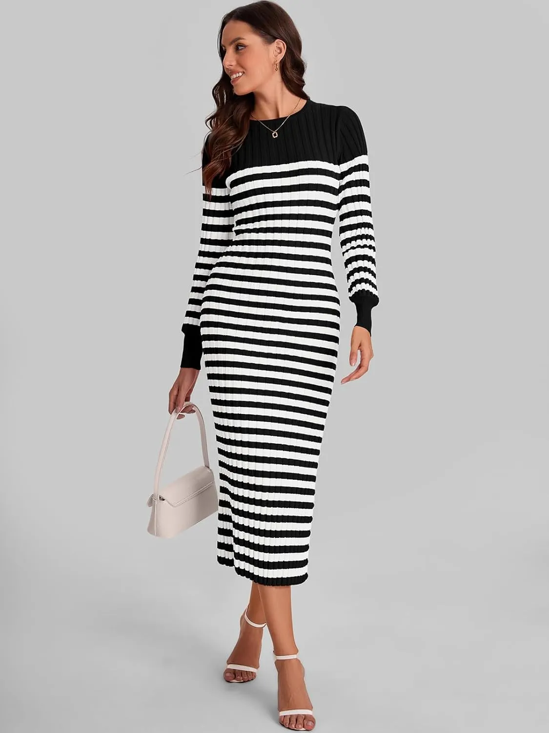 Bloggerlove Women's Striped Sweater Dress Long Sleeve Crew Neck Slim Fit Ribbed Knit Bodycon Midi Dresses with Slit 2024 Fall