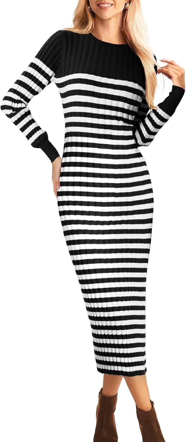 Bloggerlove Women's Striped Sweater Dress Long Sleeve Crew Neck Slim Fit Ribbed Knit Bodycon Midi Dresses with Slit 2024 Fall