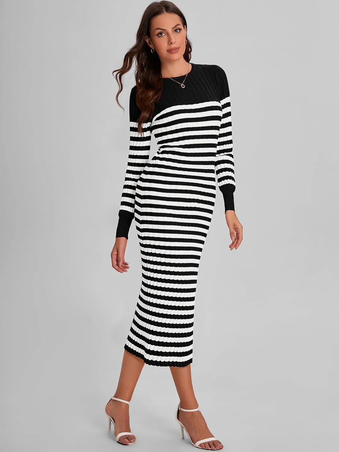 Bloggerlove Women's Striped Sweater Dress Long Sleeve Crew Neck Slim Fit Ribbed Knit Bodycon Midi Dresses with Slit 2024 Fall