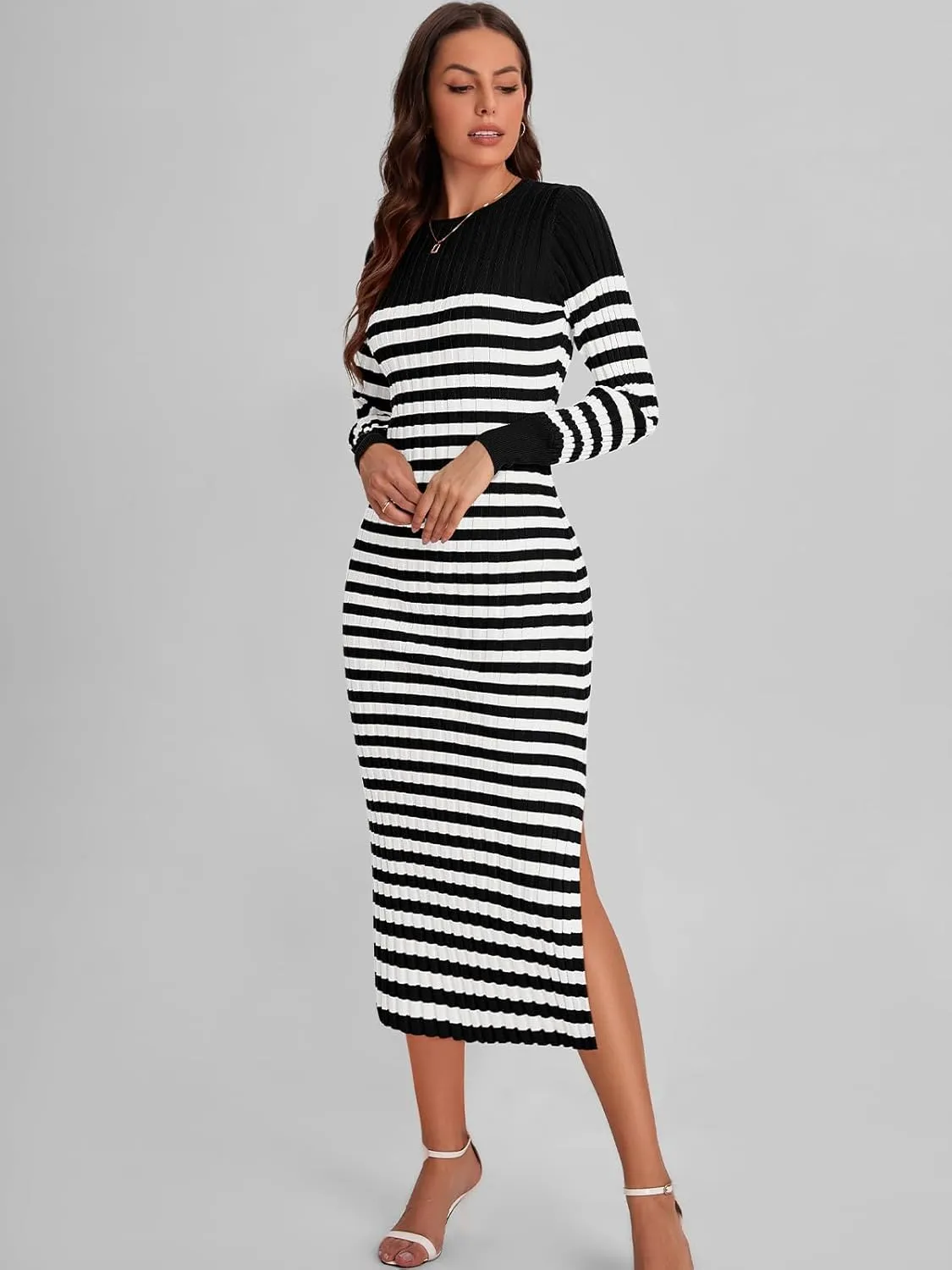 Bloggerlove Women's Striped Sweater Dress Long Sleeve Crew Neck Slim Fit Ribbed Knit Bodycon Midi Dresses with Slit 2024 Fall