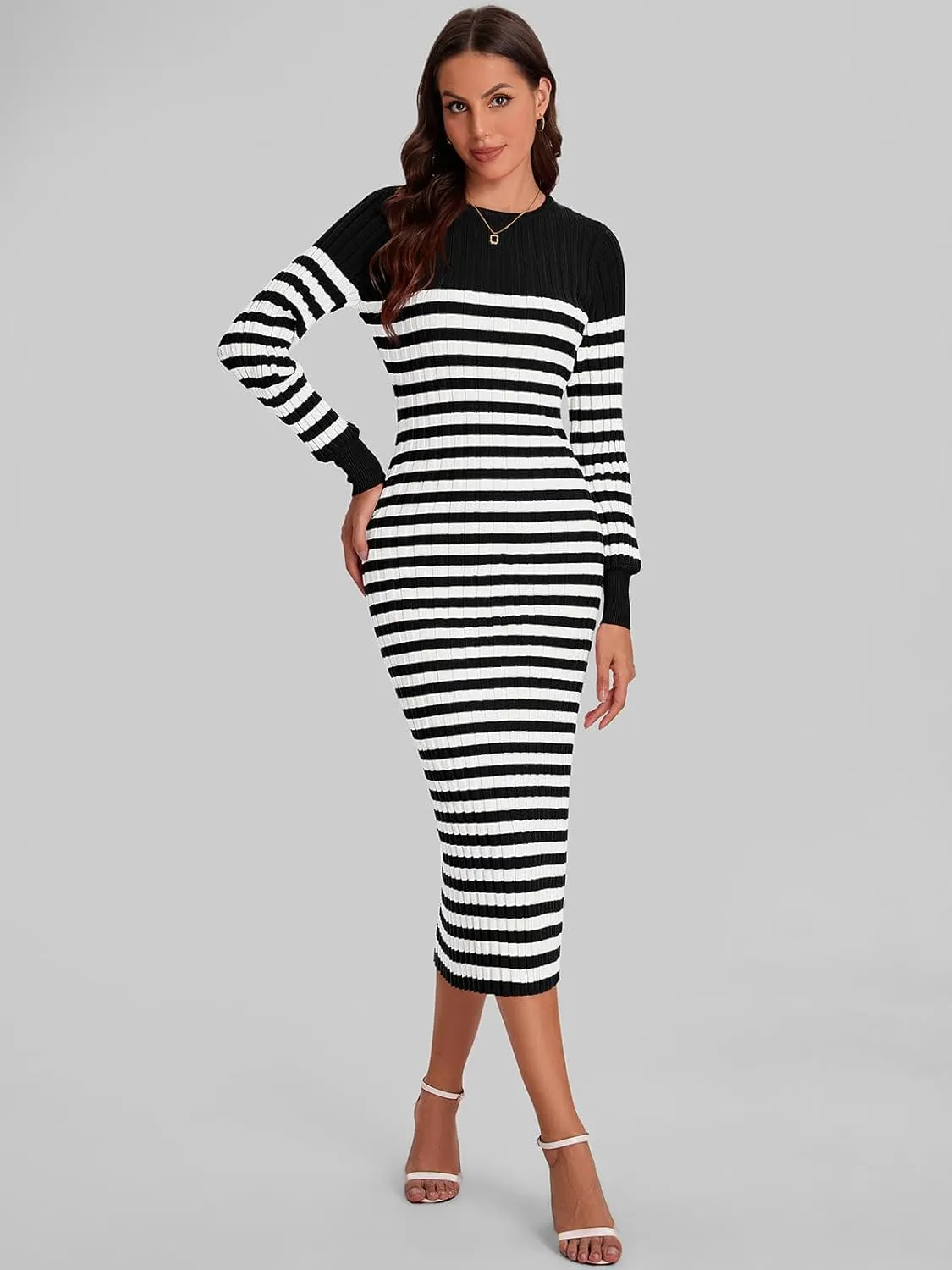 Bloggerlove Women's Striped Sweater Dress Long Sleeve Crew Neck Slim Fit Ribbed Knit Bodycon Midi Dresses with Slit 2024 Fall