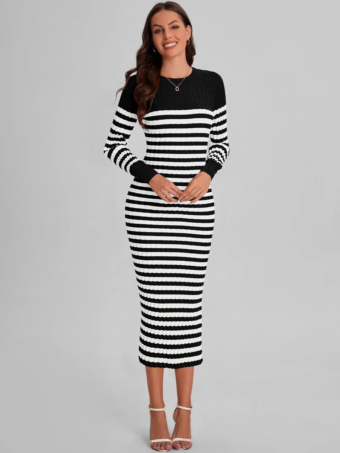 Bloggerlove Women's Striped Sweater Dress Long Sleeve Crew Neck Slim Fit Ribbed Knit Bodycon Midi Dresses with Slit 2024 Fall