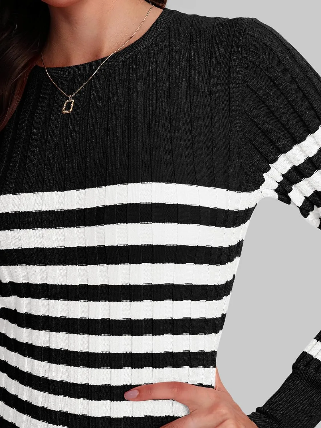 Bloggerlove Women's Striped Sweater Dress Long Sleeve Crew Neck Slim Fit Ribbed Knit Bodycon Midi Dresses with Slit 2024 Fall