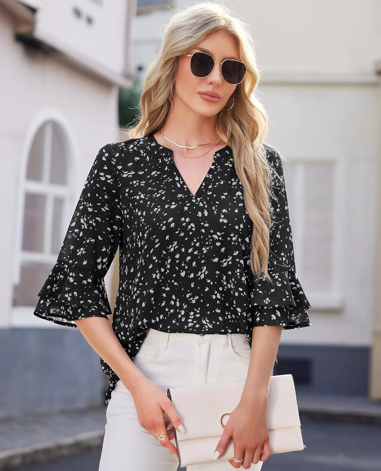 Blouse for Women Dressy Casual Spring Summer 3/4 Ruffle Sleeve Tops Double Layered Business Casual Tunic Work Shirts