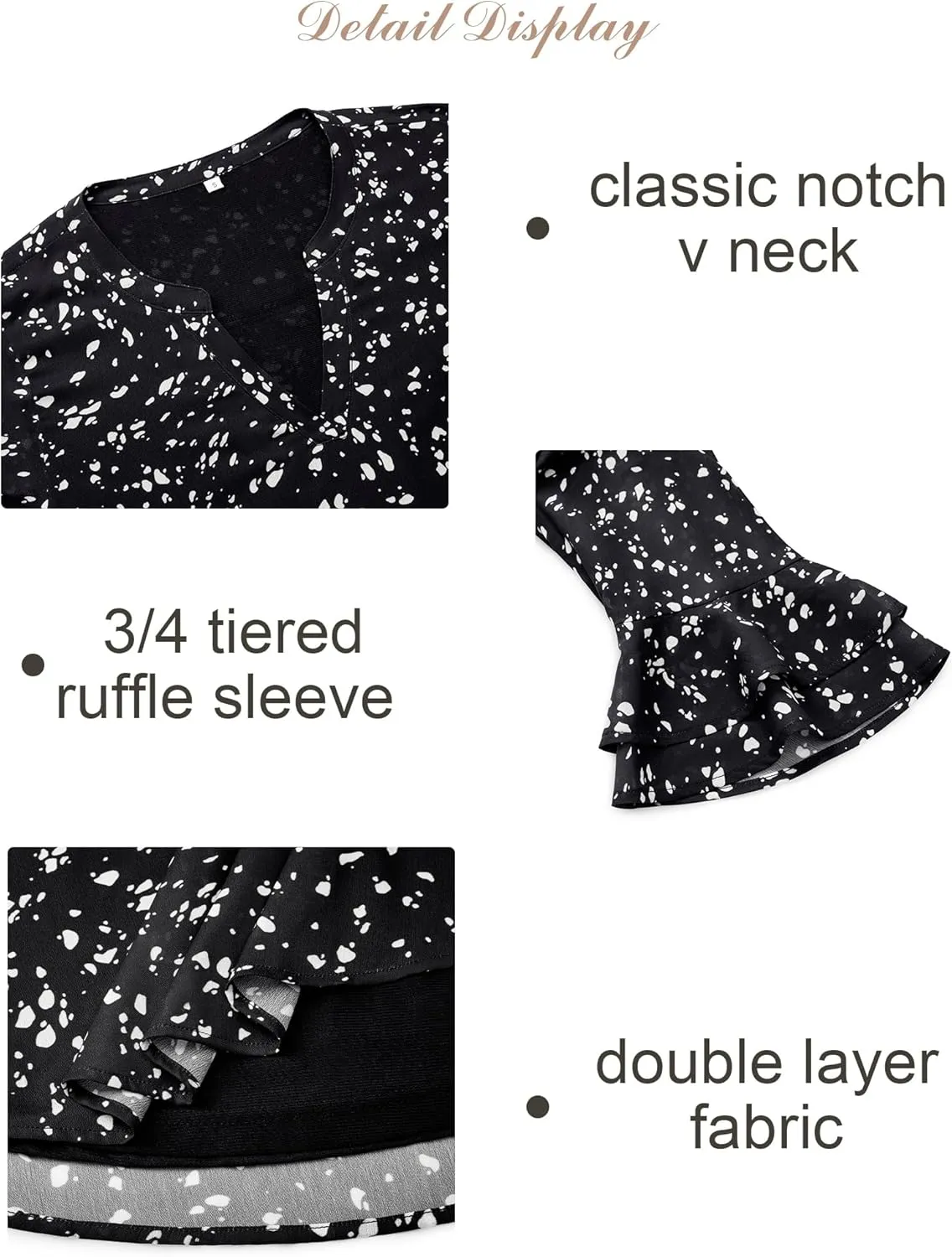 Blouse for Women Dressy Casual Spring Summer 3/4 Ruffle Sleeve Tops Double Layered Business Casual Tunic Work Shirts