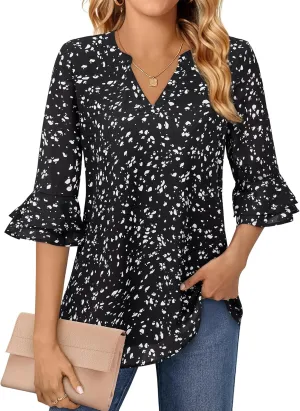 Blouse for Women Dressy Casual Spring Summer 3/4 Ruffle Sleeve Tops Double Layered Business Casual Tunic Work Shirts