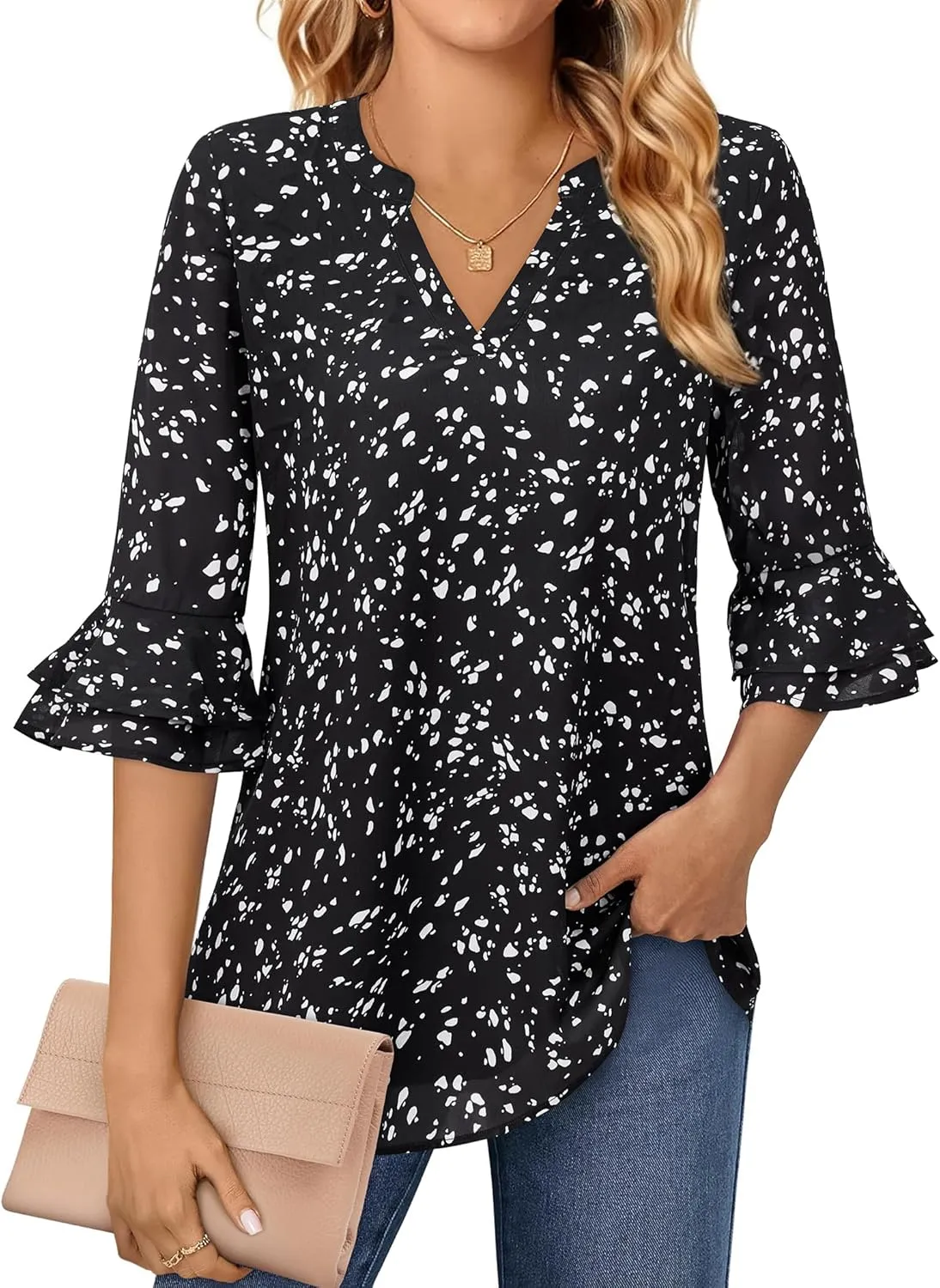 Blouse for Women Dressy Casual Spring Summer 3/4 Ruffle Sleeve Tops Double Layered Business Casual Tunic Work Shirts