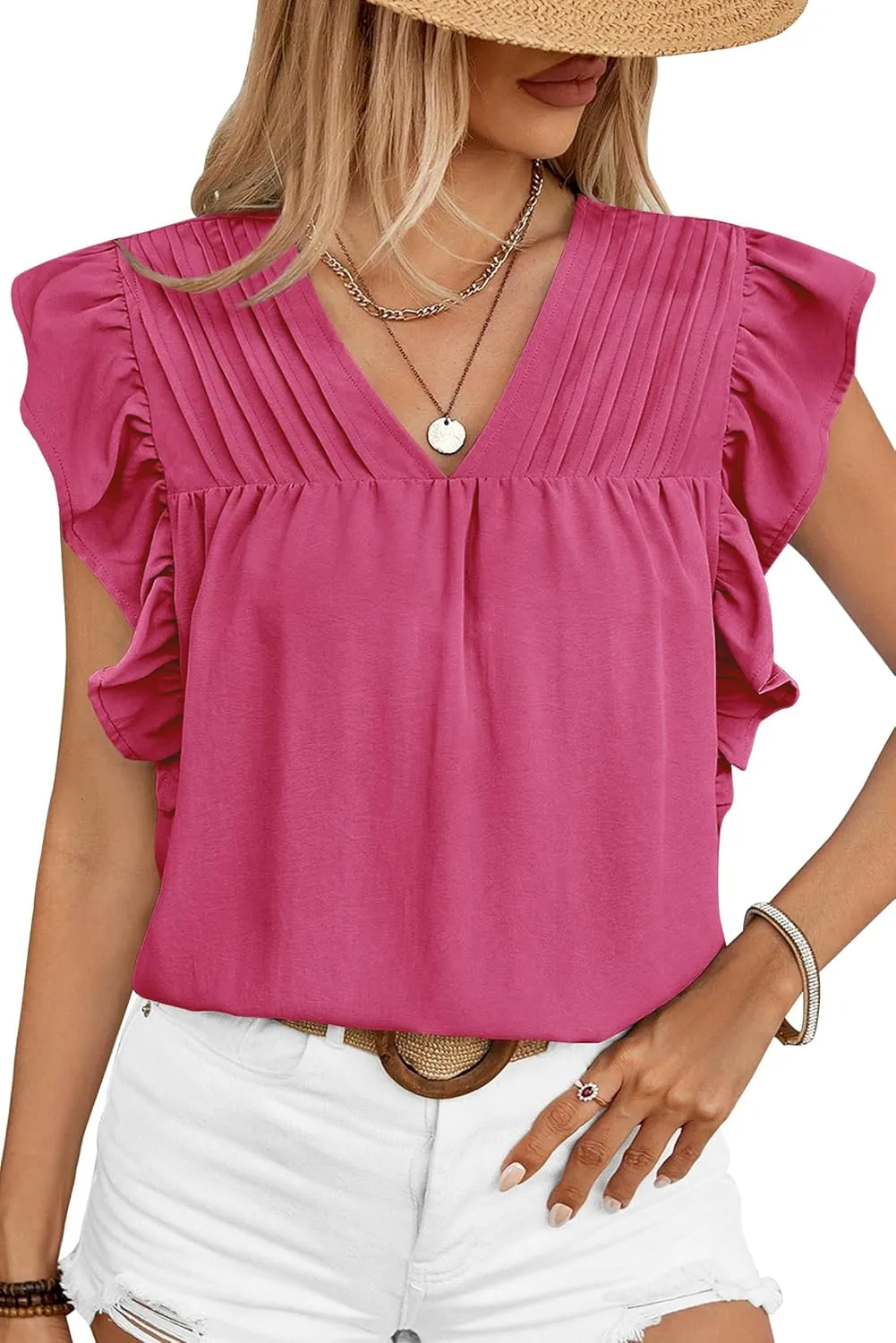 Clarisbelle Summer Women's Dressy Casual Business V Neck Blouses Pleated Ruffle Short Sleeve Trendy Tops
