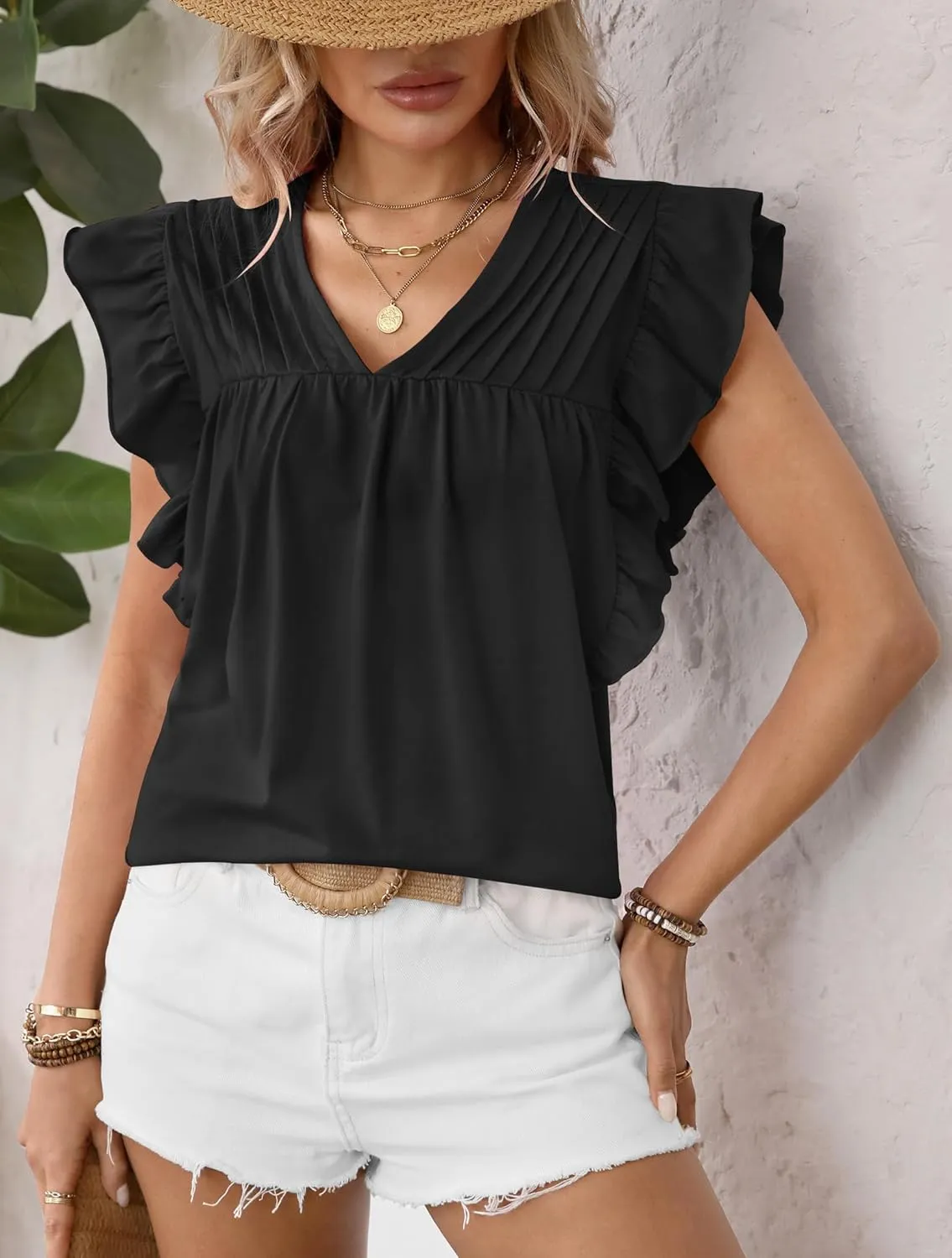 Clarisbelle Summer Women's Dressy Casual Business V Neck Blouses Pleated Ruffle Short Sleeve Trendy Tops