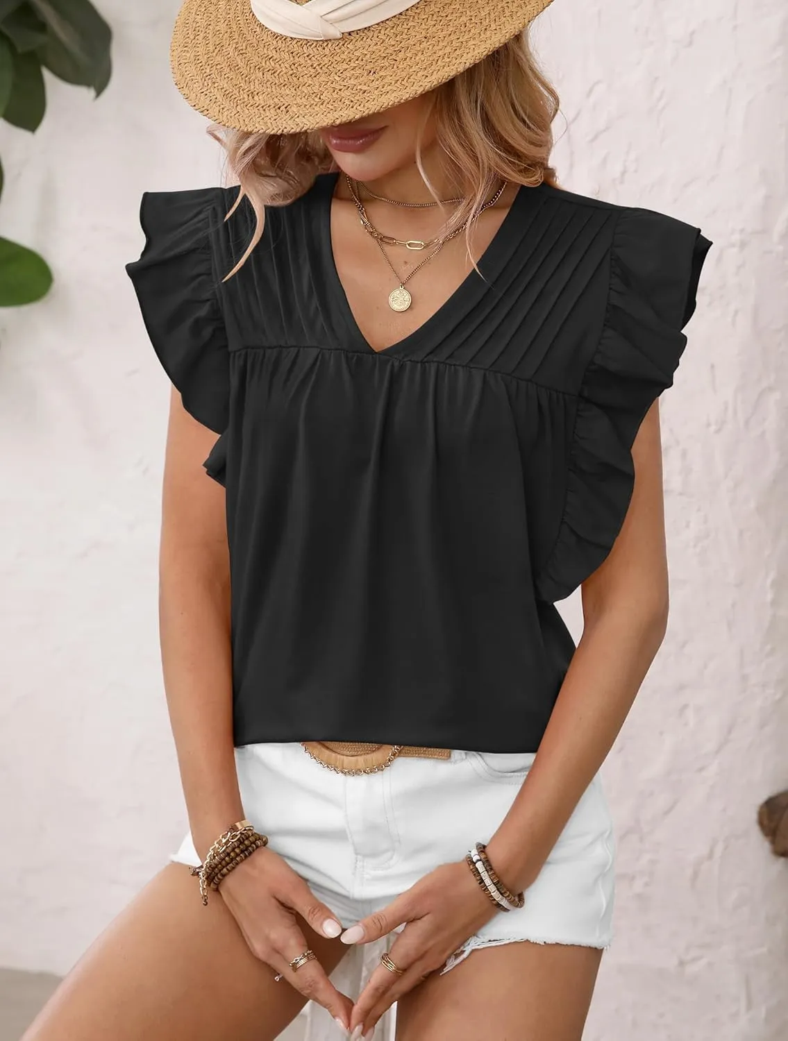 Clarisbelle Summer Women's Dressy Casual Business V Neck Blouses Pleated Ruffle Short Sleeve Trendy Tops