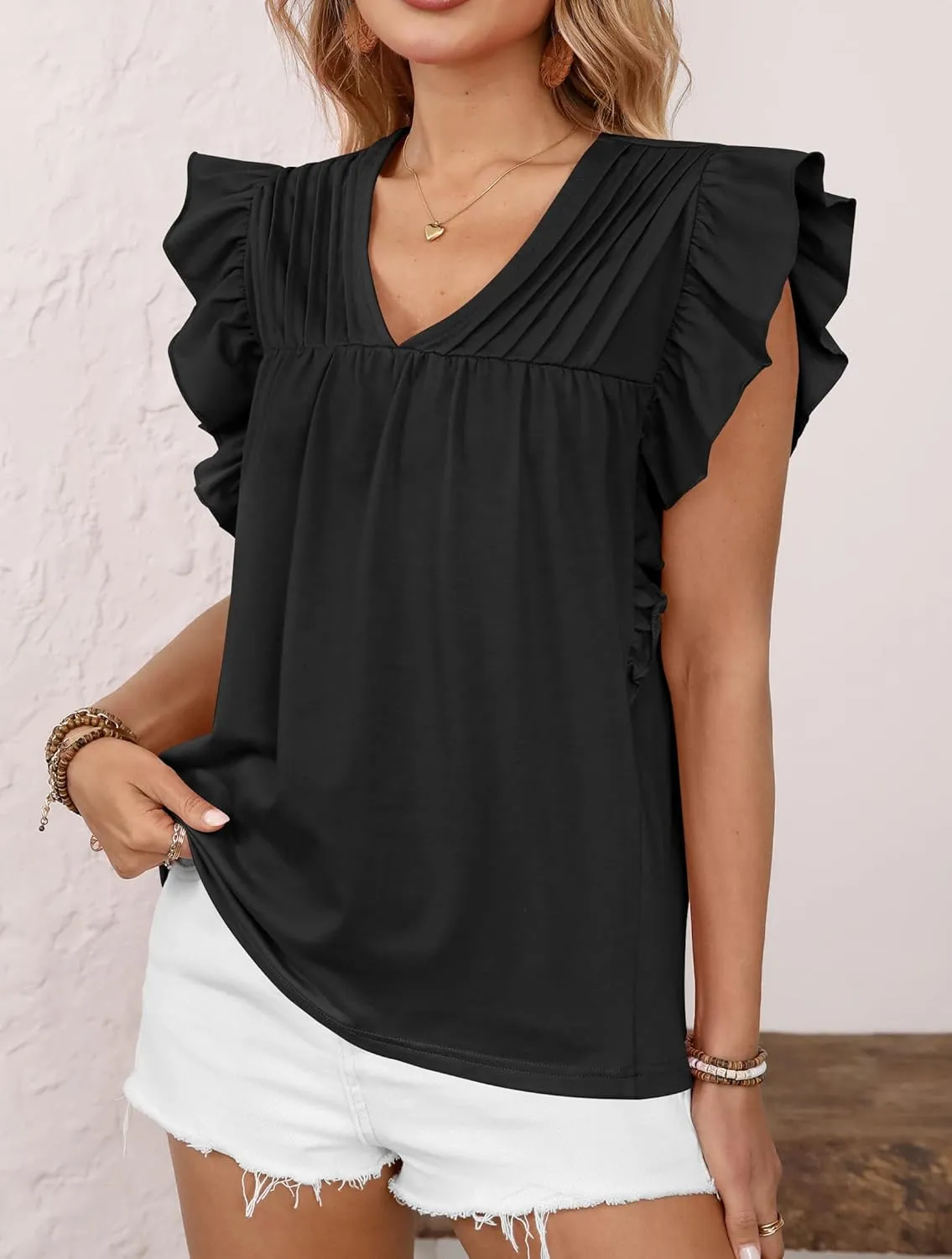 Clarisbelle Summer Women's Dressy Casual Business V Neck Blouses Pleated Ruffle Short Sleeve Trendy Tops