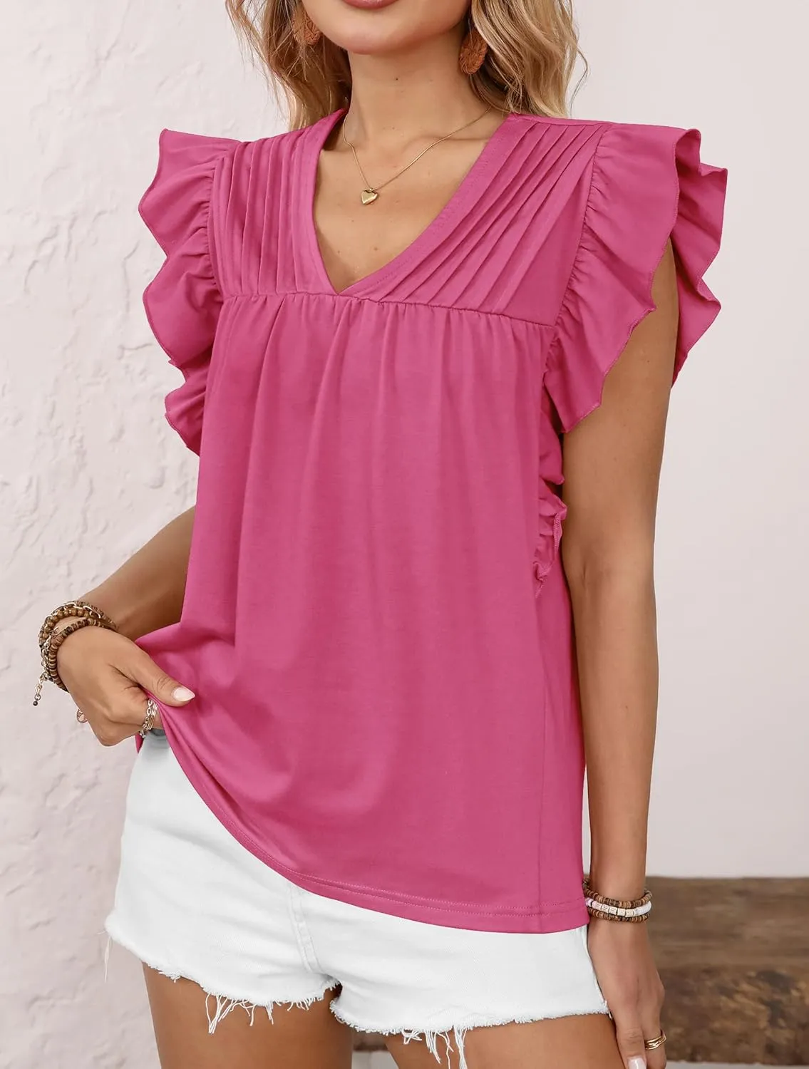 Clarisbelle Summer Women's Dressy Casual Business V Neck Blouses Pleated Ruffle Short Sleeve Trendy Tops