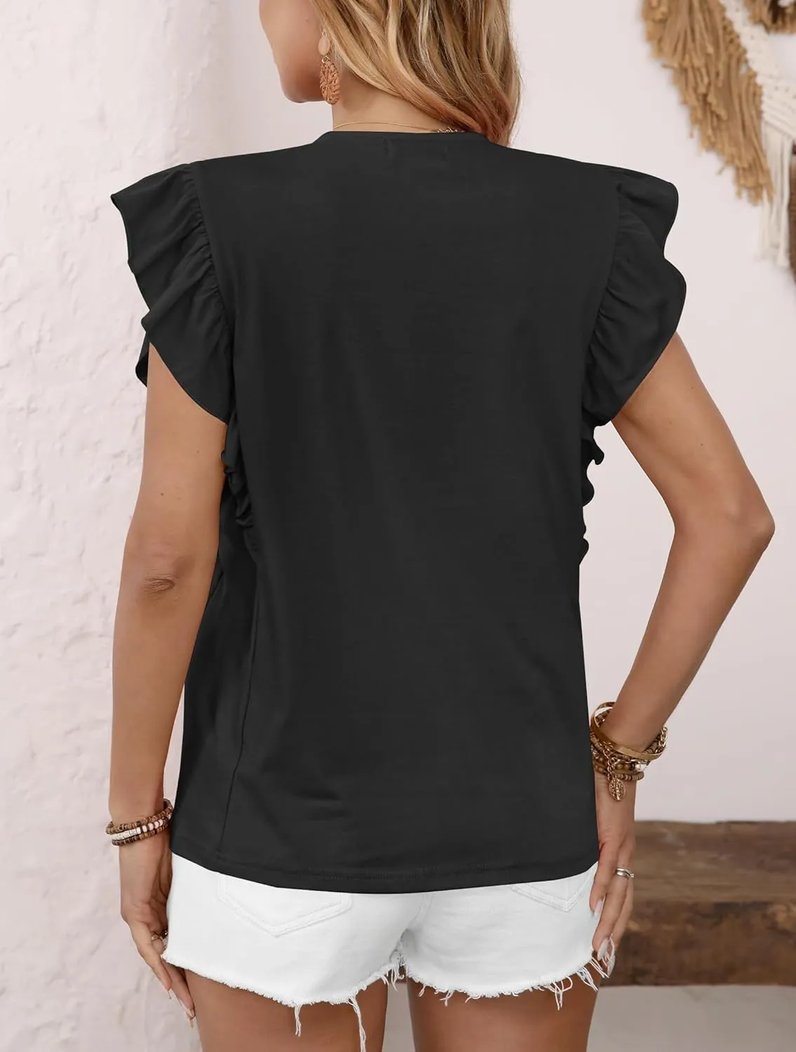 Clarisbelle Summer Women's Dressy Casual Business V Neck Blouses Pleated Ruffle Short Sleeve Trendy Tops