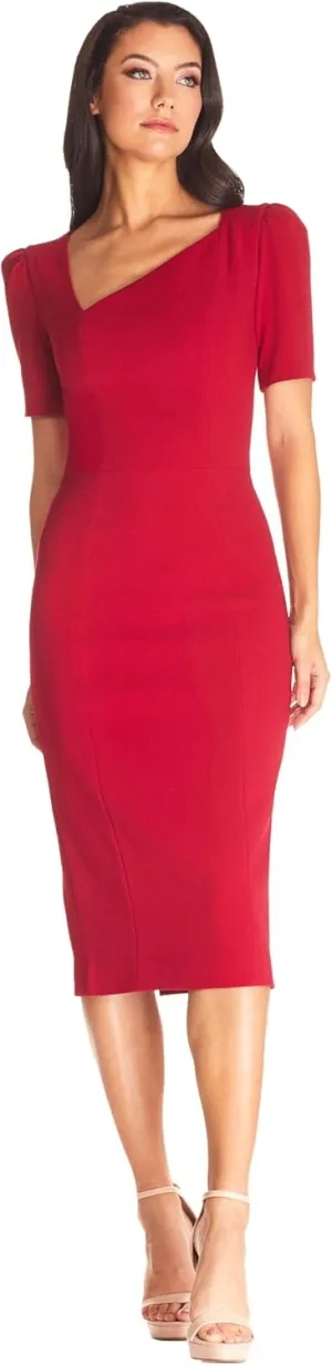 Dress the Population Women's Ruth Short Puff Sleeves Asymmetrical Neckline Bodycon Midi Dress