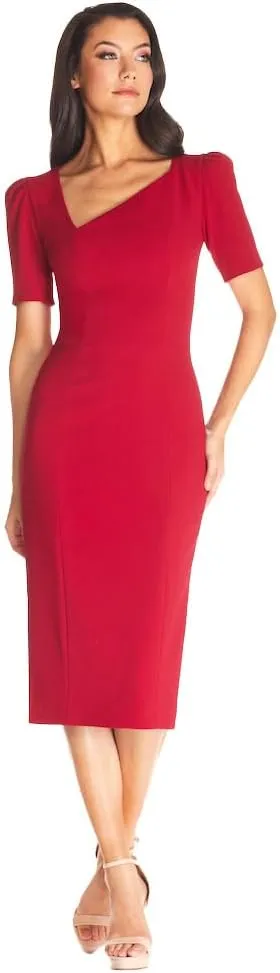 Dress the Population Women's Ruth Short Puff Sleeves Asymmetrical Neckline Bodycon Midi Dress