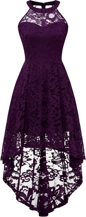 Dressystar Women's Halter Lace Cocktail Wedding Guest Dress Hi-Lo Bridesmaid Party Dresses with Sheer Neckline