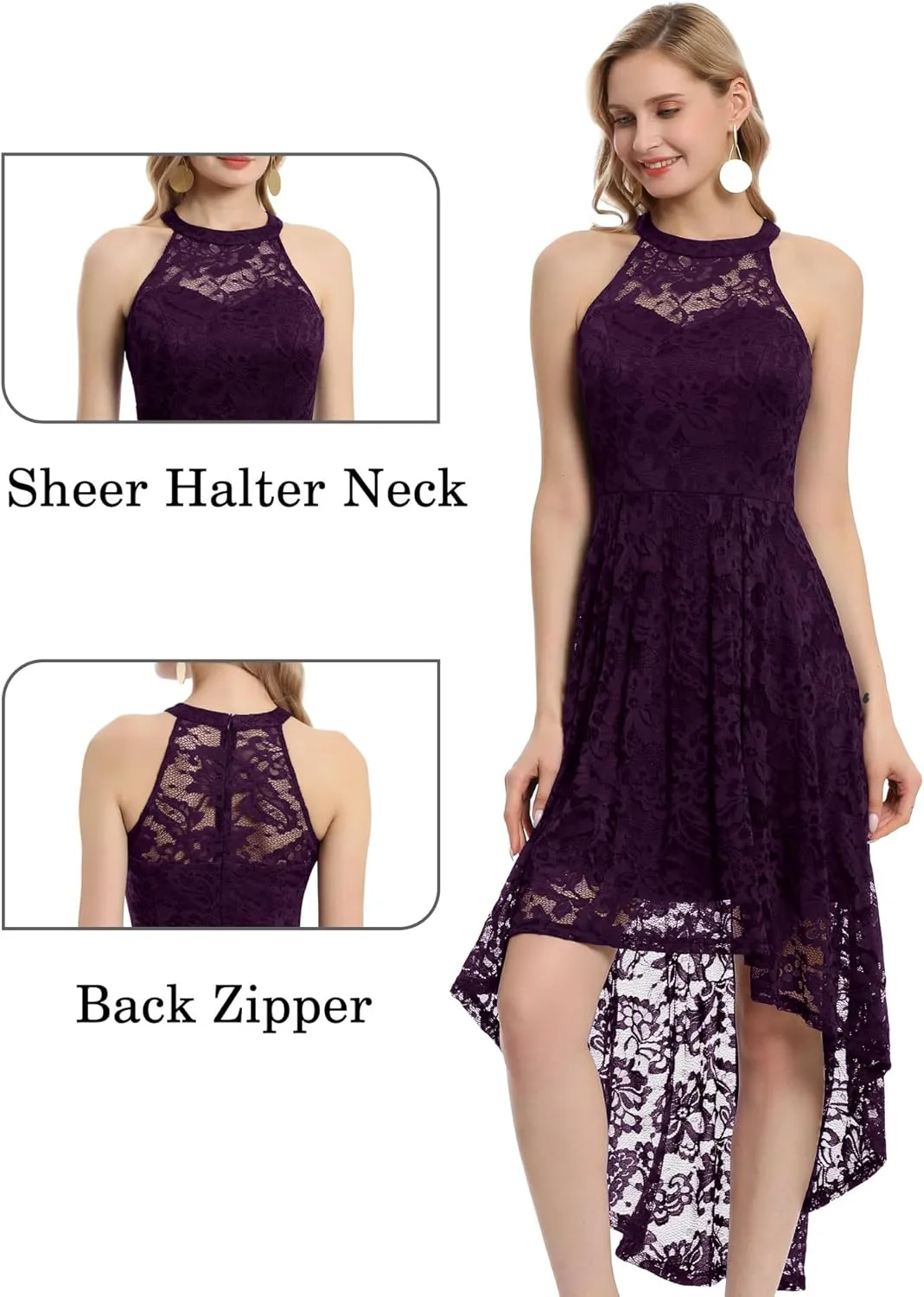 Dressystar Women's Halter Lace Cocktail Wedding Guest Dress Hi-Lo Bridesmaid Party Dresses with Sheer Neckline