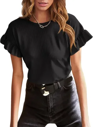 EVALESS Womens Summer Casual Short Sleeve Tops Ruffle Basic T Shirts Round Neck Solid Knit Loose Fit Tee Blouses