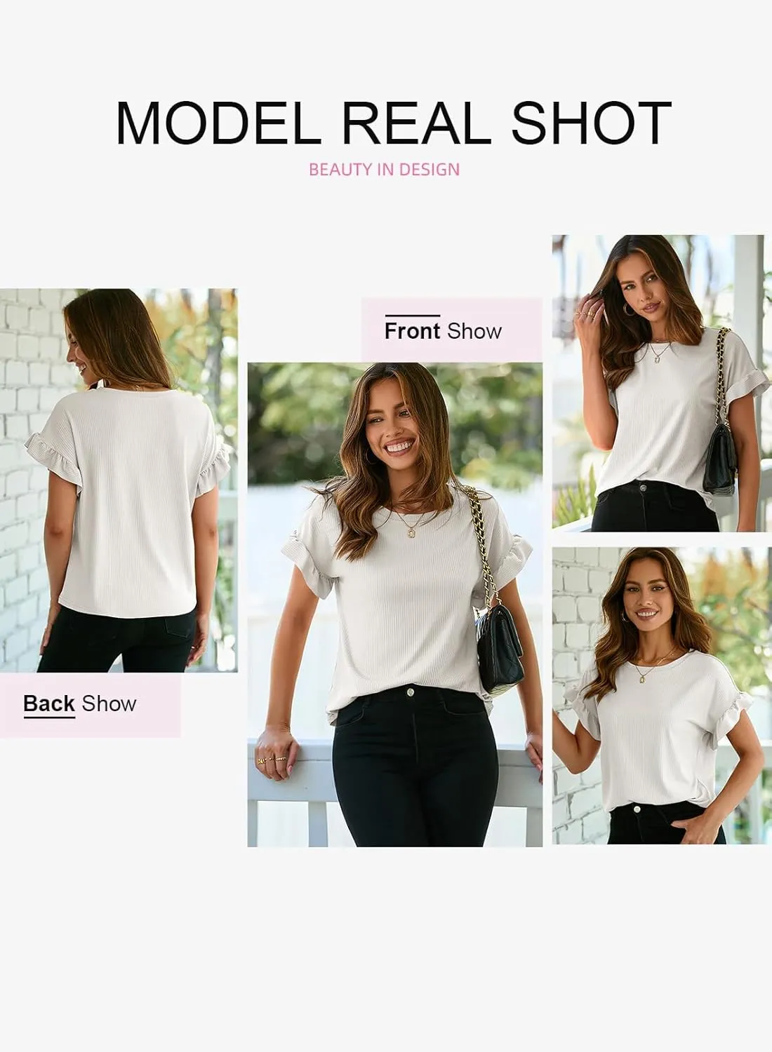 EVALESS Womens Summer Casual Short Sleeve Tops Ruffle Basic T Shirts Round Neck Solid Knit Loose Fit Tee Blouses