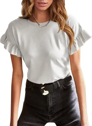 EVALESS Womens Summer Casual Short Sleeve Tops Ruffle Basic T Shirts Round Neck Solid Knit Loose Fit Tee Blouses
