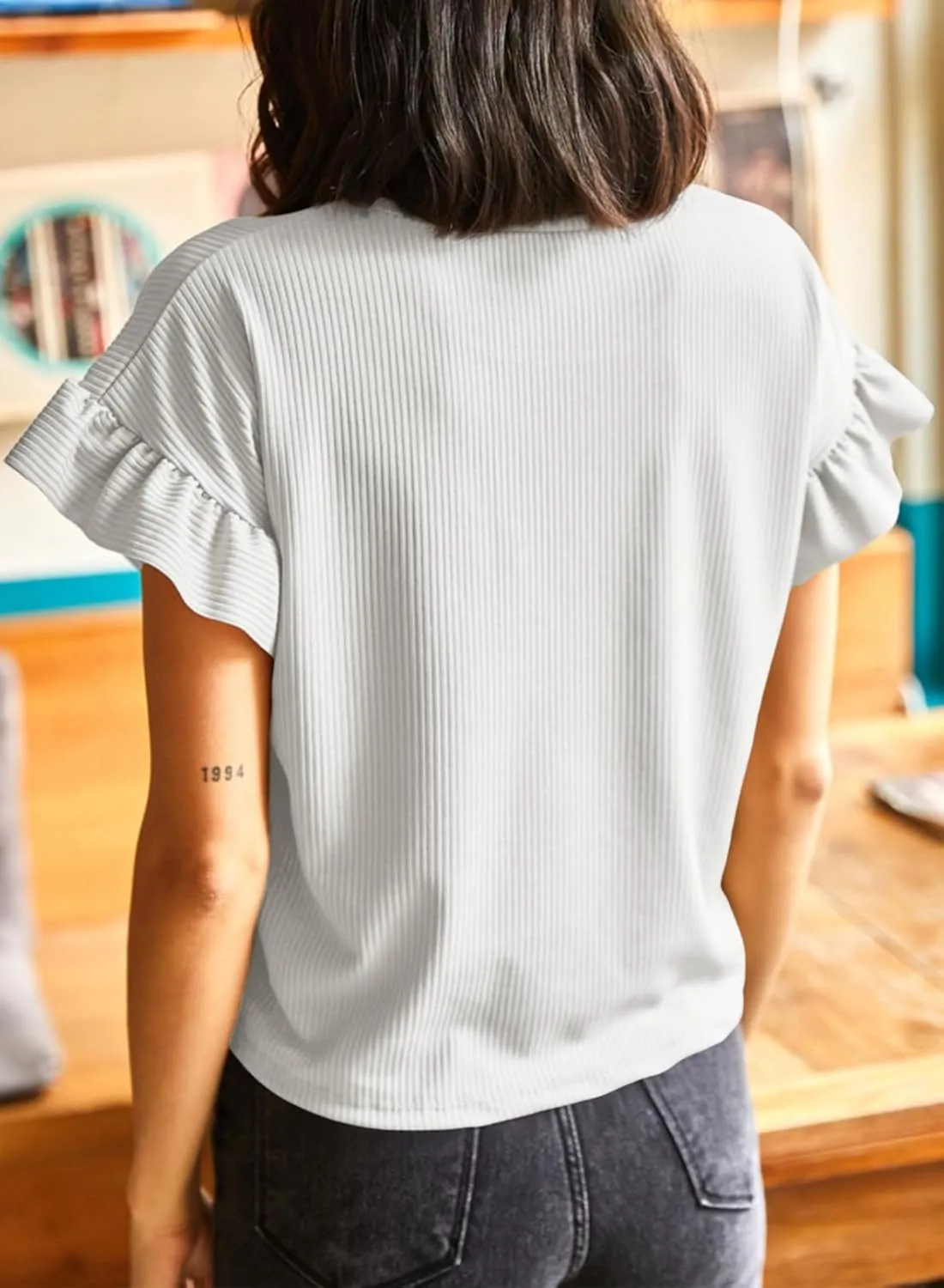 EVALESS Womens Summer Casual Short Sleeve Tops Ruffle Basic T Shirts Round Neck Solid Knit Loose Fit Tee Blouses