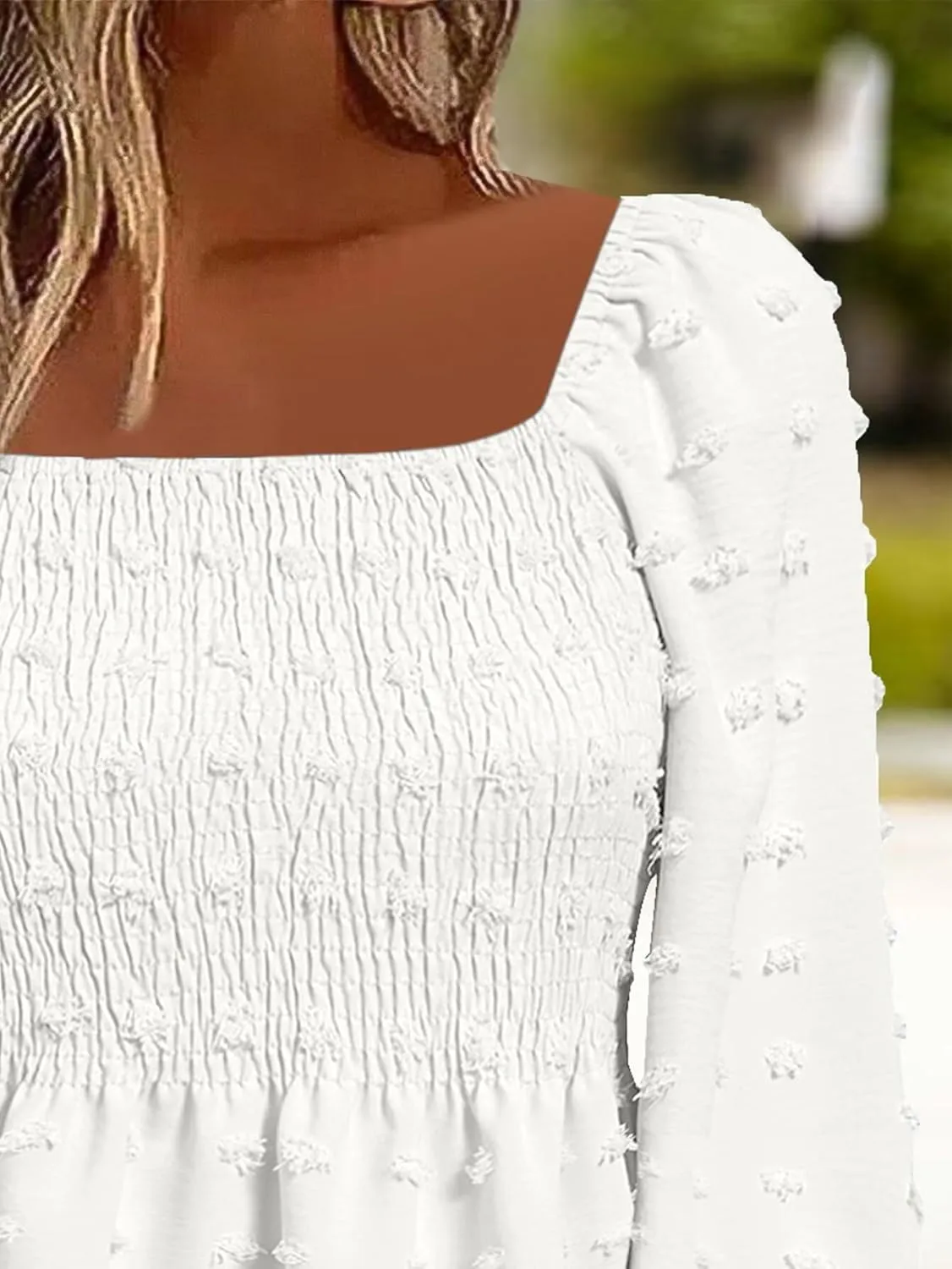 Flamingals Women's Elegant Square Neck Peplum Blouse Long Sleeve Ruffle Smocked Shirred Shirt