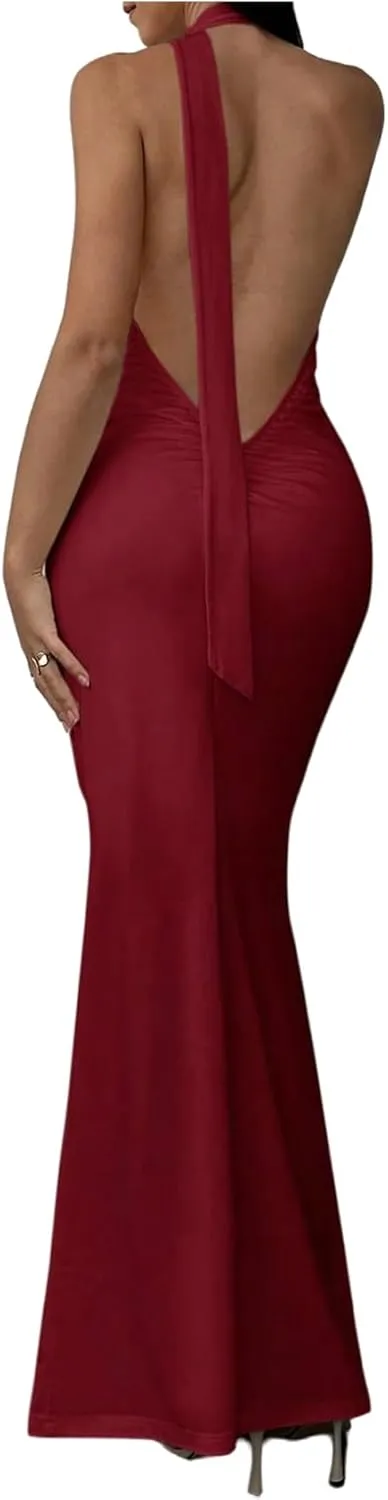 GORGLITTER Women's Open Back Asymmetrical Bodycon Maxi Dress Ruched One Shoulder Wedding Guest Graduation Long Dresses