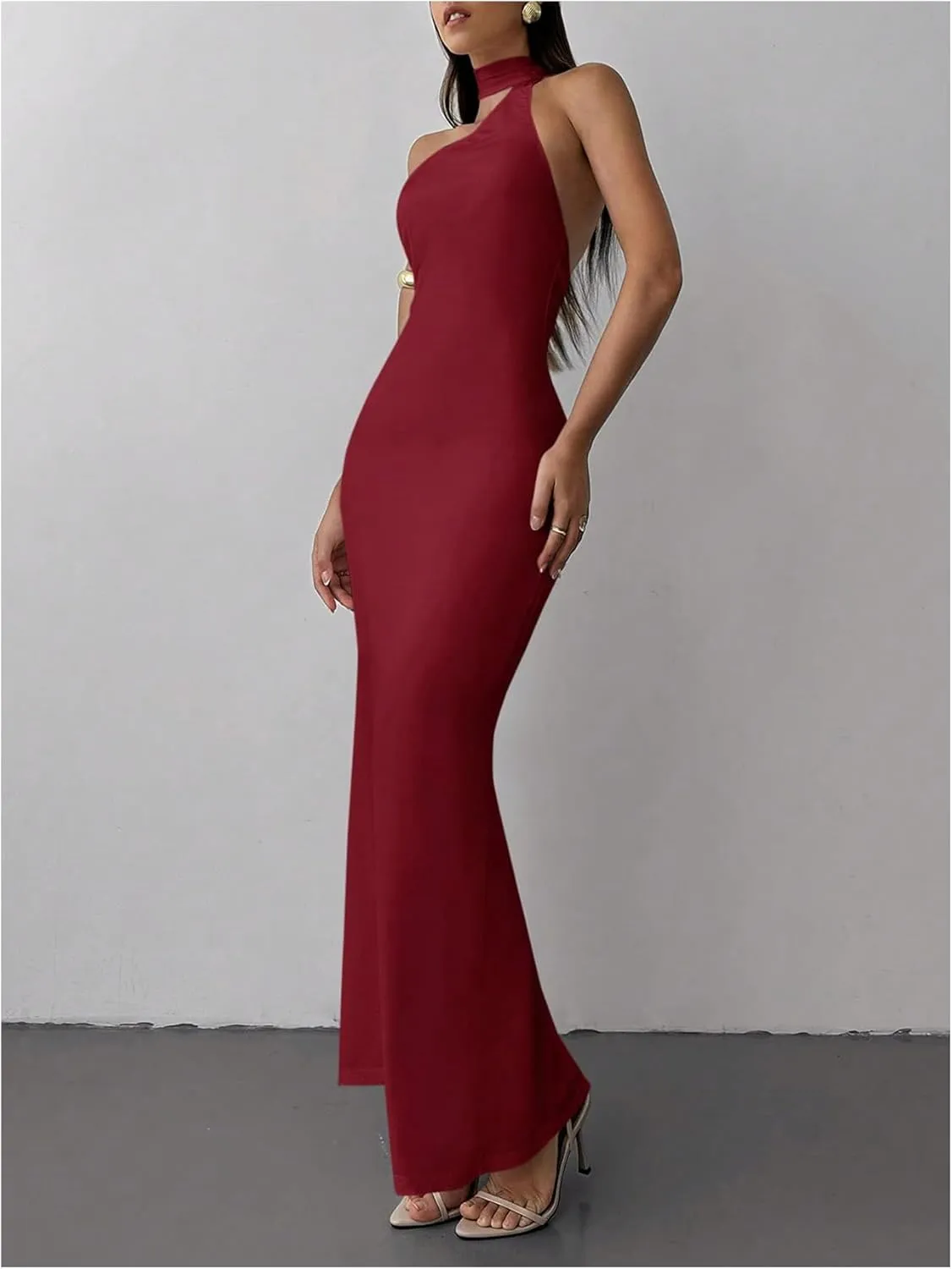 GORGLITTER Women's Open Back Asymmetrical Bodycon Maxi Dress Ruched One Shoulder Wedding Guest Graduation Long Dresses