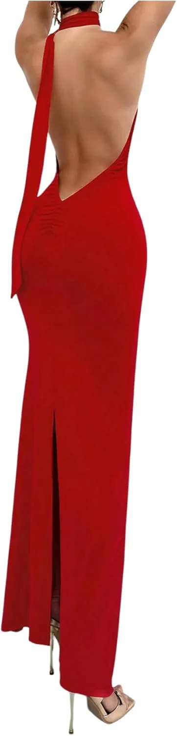 GORGLITTER Women's Open Back Asymmetrical Bodycon Maxi Dress Ruched One Shoulder Wedding Guest Graduation Long Dresses