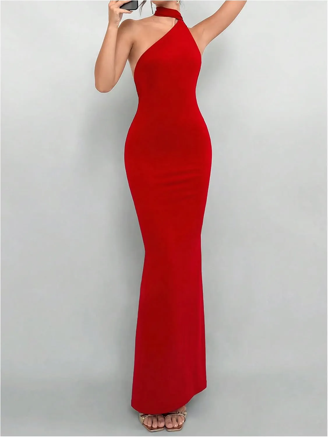GORGLITTER Women's Open Back Asymmetrical Bodycon Maxi Dress Ruched One Shoulder Wedding Guest Graduation Long Dresses