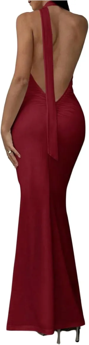 GORGLITTER Women's Open Back Asymmetrical Bodycon Maxi Dress Ruched One Shoulder Wedding Guest Graduation Long Dresses